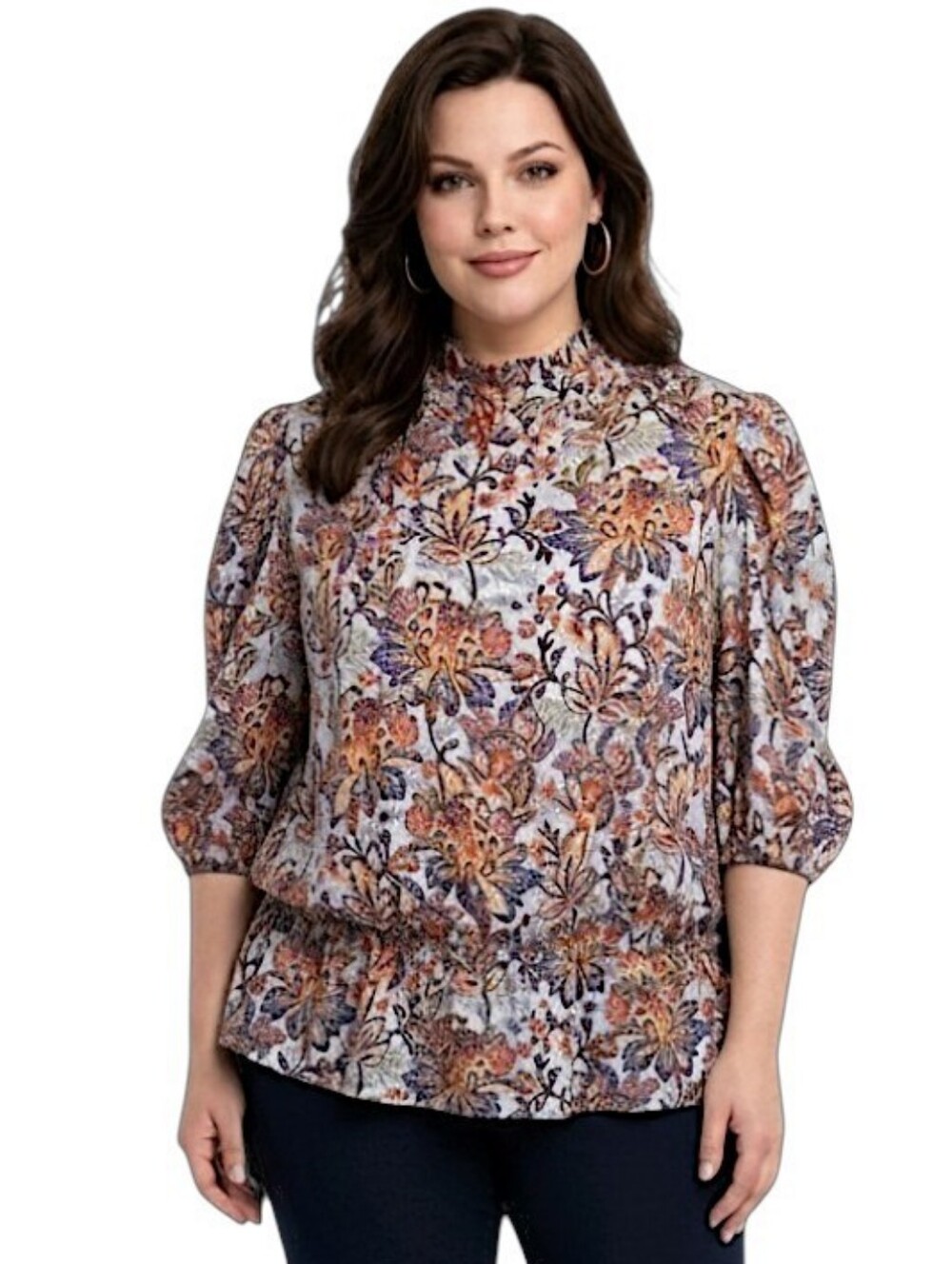 T Tahara Multicolor Floral Puff Sleeve Ruffled-Neck Peplum Blouse Size 2X